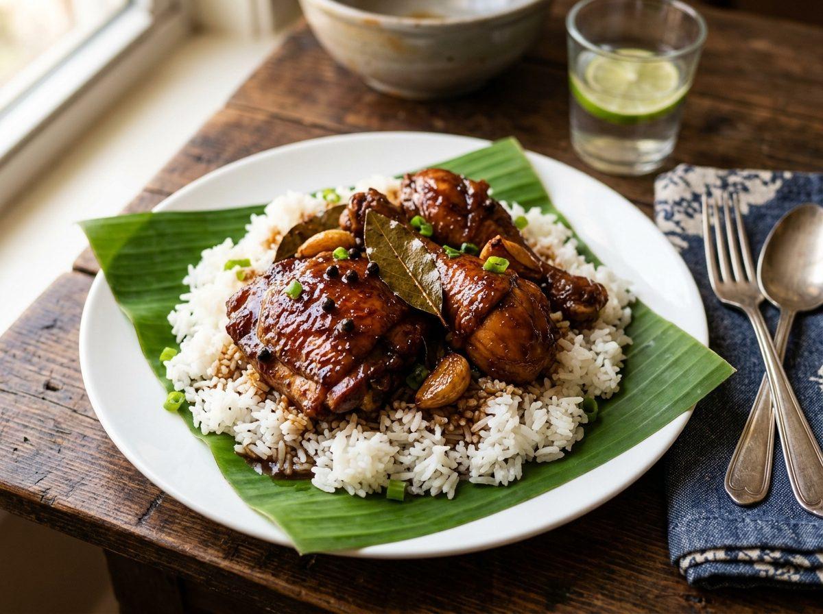 Pieces of chicken braised dark and glossy in adobo sauce, spooned over steamed white rice on a white plate set on a banana leaf.