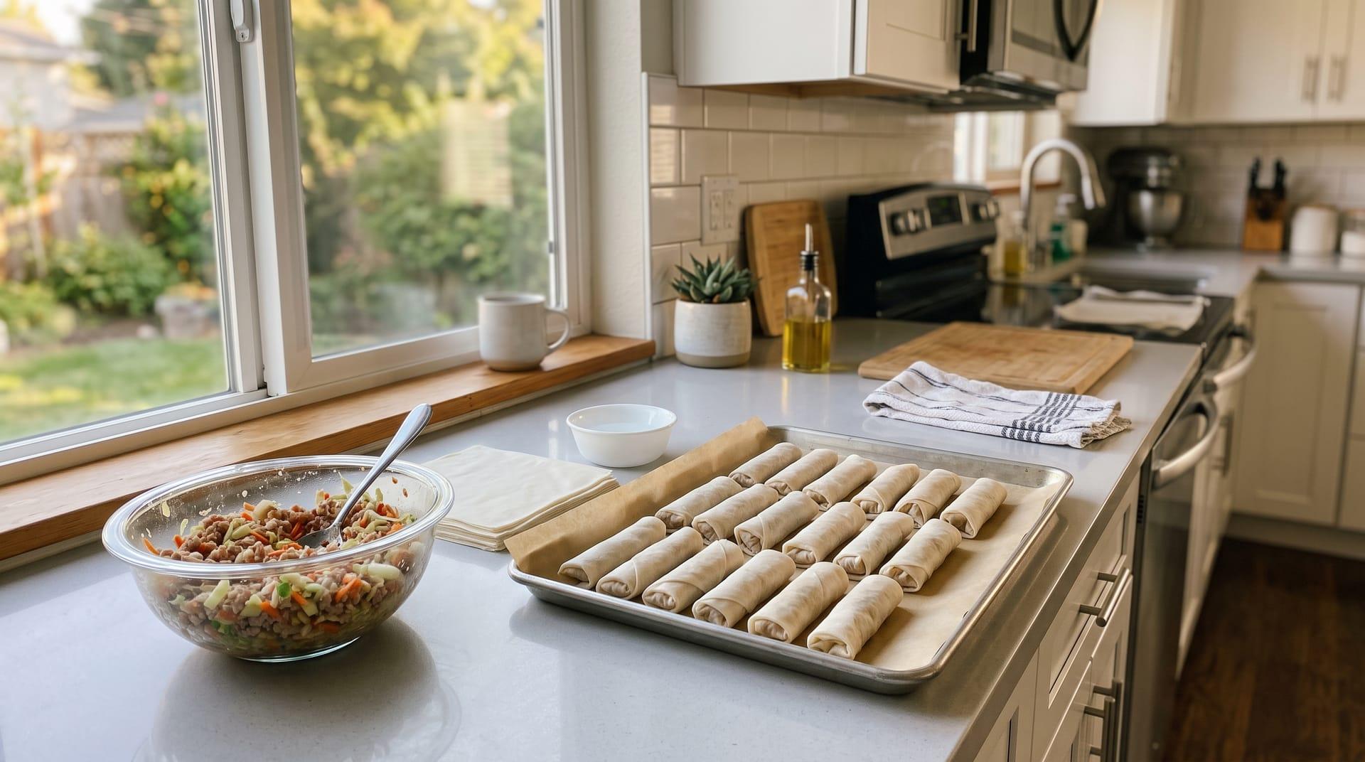 Freshly rolled lumpia lined up on a parchment-lined tray beside a glass bowl of pork and vegetable filling, on a clean kitchen counter by a garden window