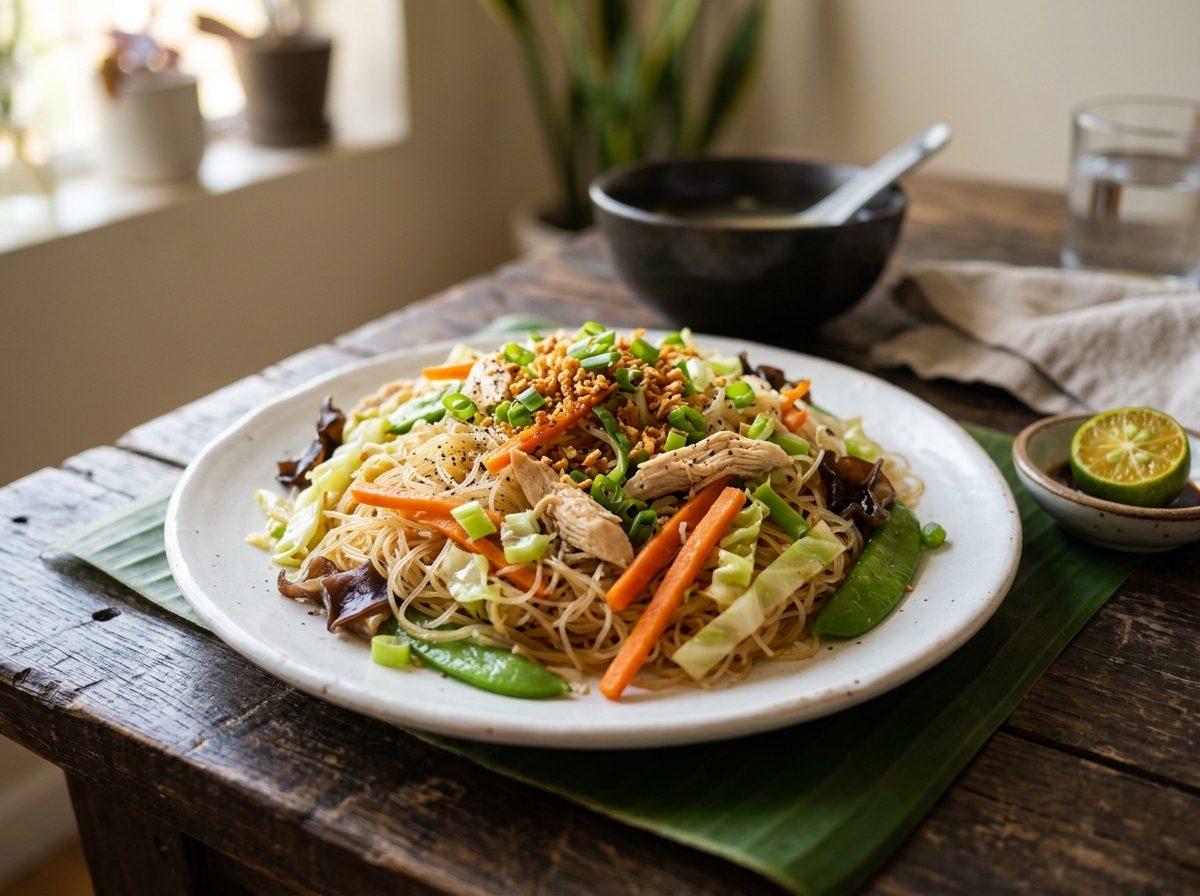 A white plate of thin rice noodles tossed with cabbage, carrot sticks, snow peas and strips of chicken, scattered with scallions and fried garlic, a halved calamansi in a dish alongside.