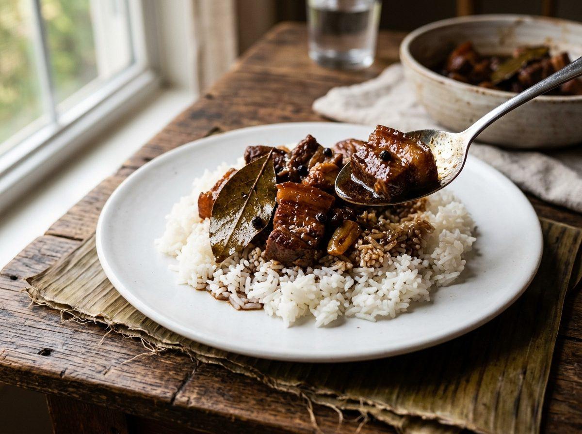Chunks of pork braised dark and glossy with bay leaves and peppercorns, spooned over steamed white rice on a white plate by a window.