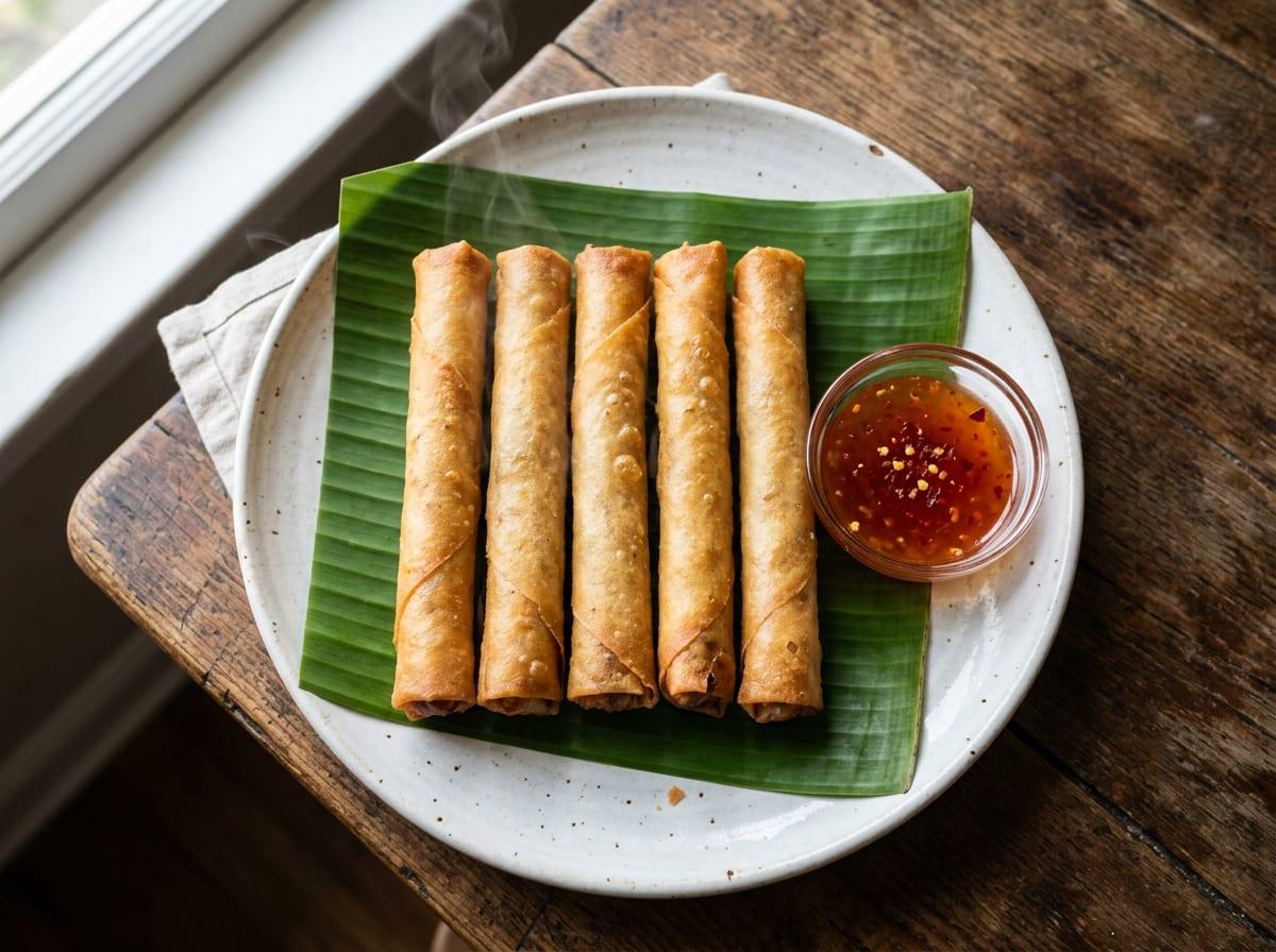 Five long golden fried lumpia in a row on a banana leaf on a white plate, steam rising, with a small glass bowl of red-orange sweet chilli sauce beside them.