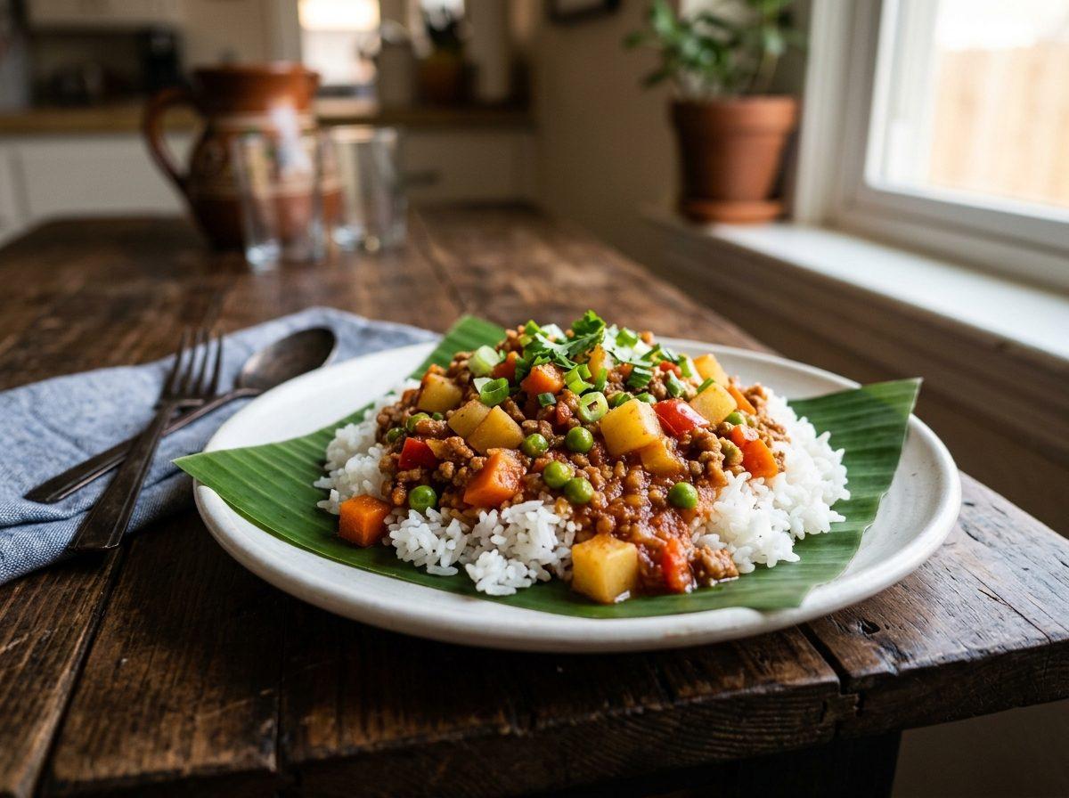 Ground pork in a red tomato sauce with cubes of potato, carrot and peas, spooned over steamed white rice on a banana leaf, topped with scallions and herbs.